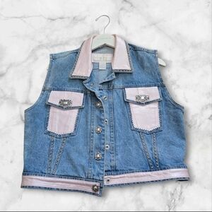Vtg ST Maarten Denim Vest W/ Pink Leather